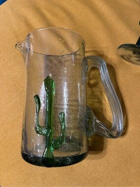 Vintage Handblown Art Glass Green Saguaro Cactus 56oz Marg Pitcher w/ 1 Glass